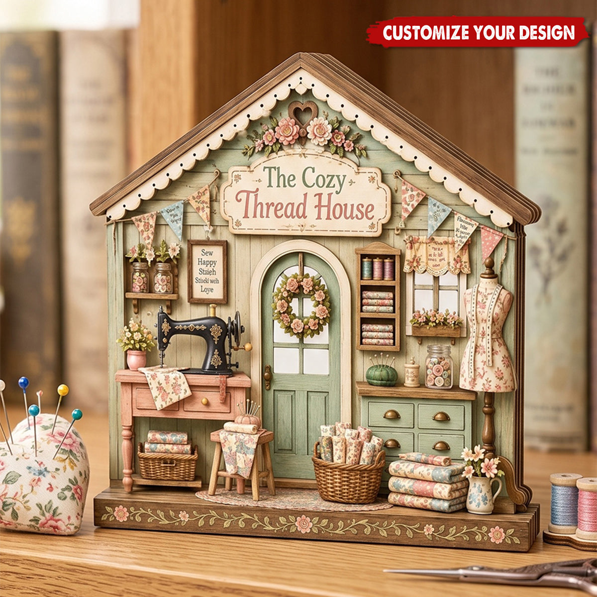 Personalized Wooden Sewing Machine Shelf Sitter - Seamstress Gift
