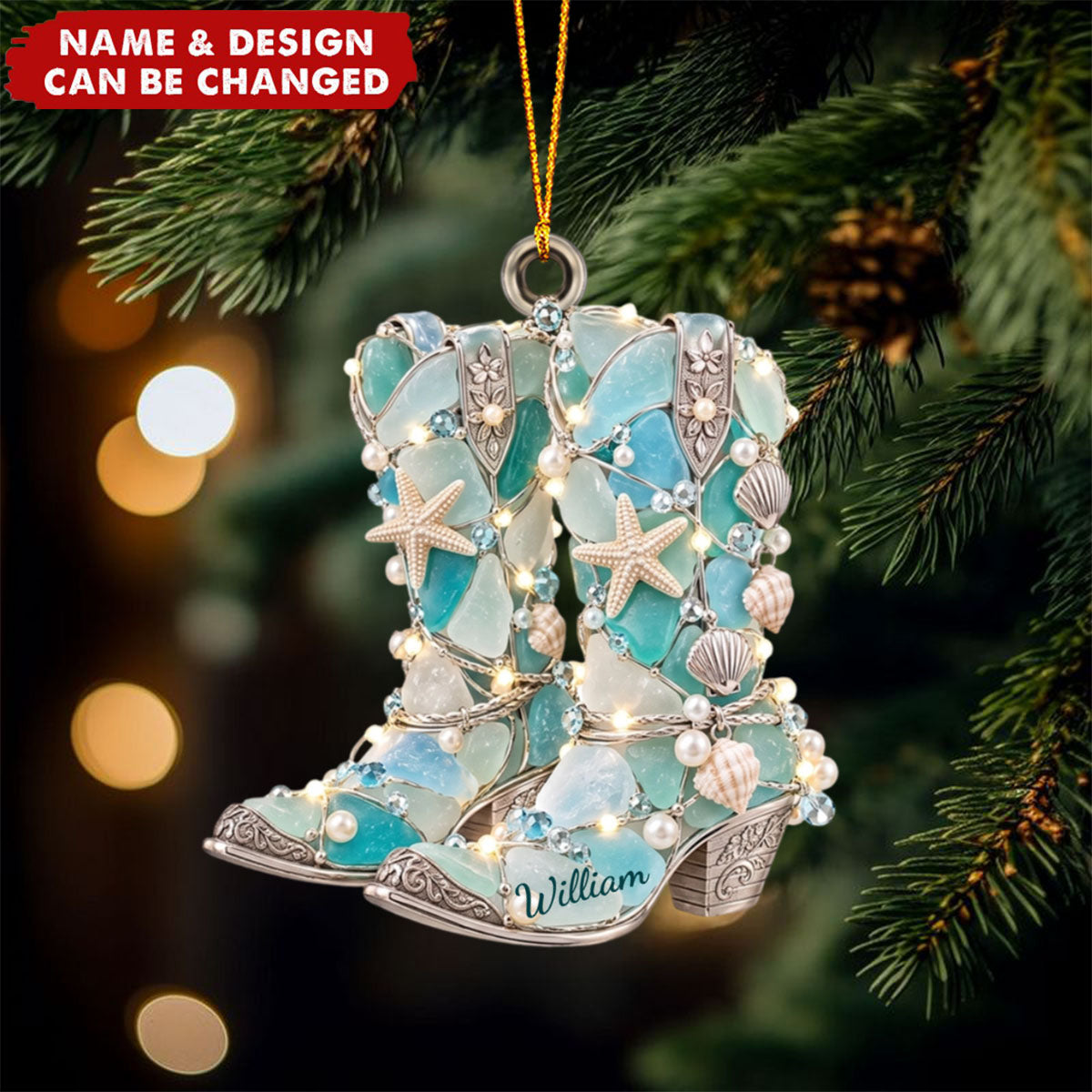 Cowboy Boot Sea Glass Christmas Ornament - Personalized Gifts For Cowboys & Cowgirls