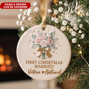 Wedding Bouquet Gold Tag - Personalized First Christmas Married Ceramic Ornament