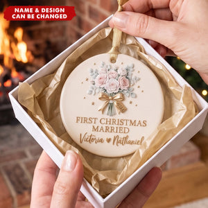 Wedding Bouquet Gold Tag - Personalized First Christmas Married Ceramic Ornament