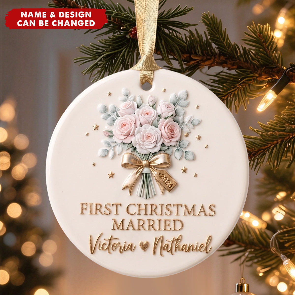Wedding Bouquet Gold Tag - Personalized First Christmas Married Ceramic Ornament