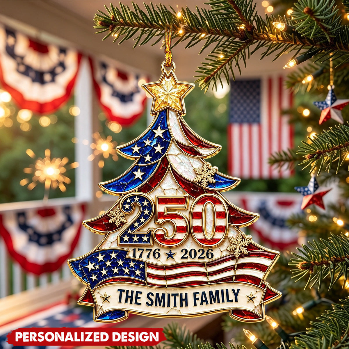 Personalized 250th Anniversary Tree Ornament, Custom Family Name Patriotic Acrylic Ornament, 1776 - 2026 Christmas Keepsake