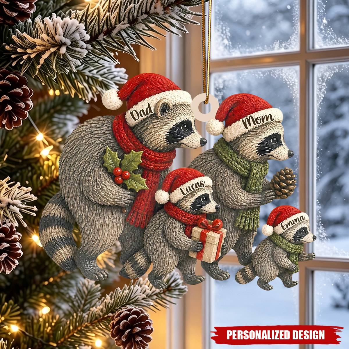 Personalized Raccoon Family Ornament, Custom Names Christmas Tree Decor