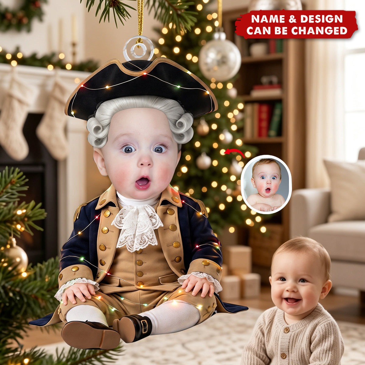 Custom Cute Face Baby First Christmas 250 Anniversary - Personalized Ornament