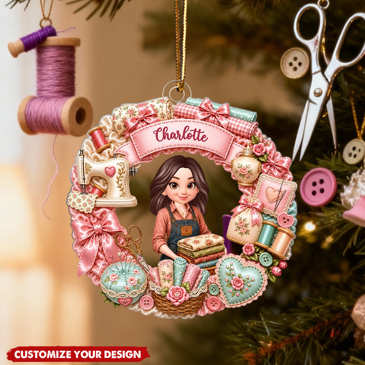 Sewing Things Wreath - Personalized Acrylic Ornament