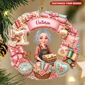 Sewing Things Wreath - Personalized Acrylic Ornament