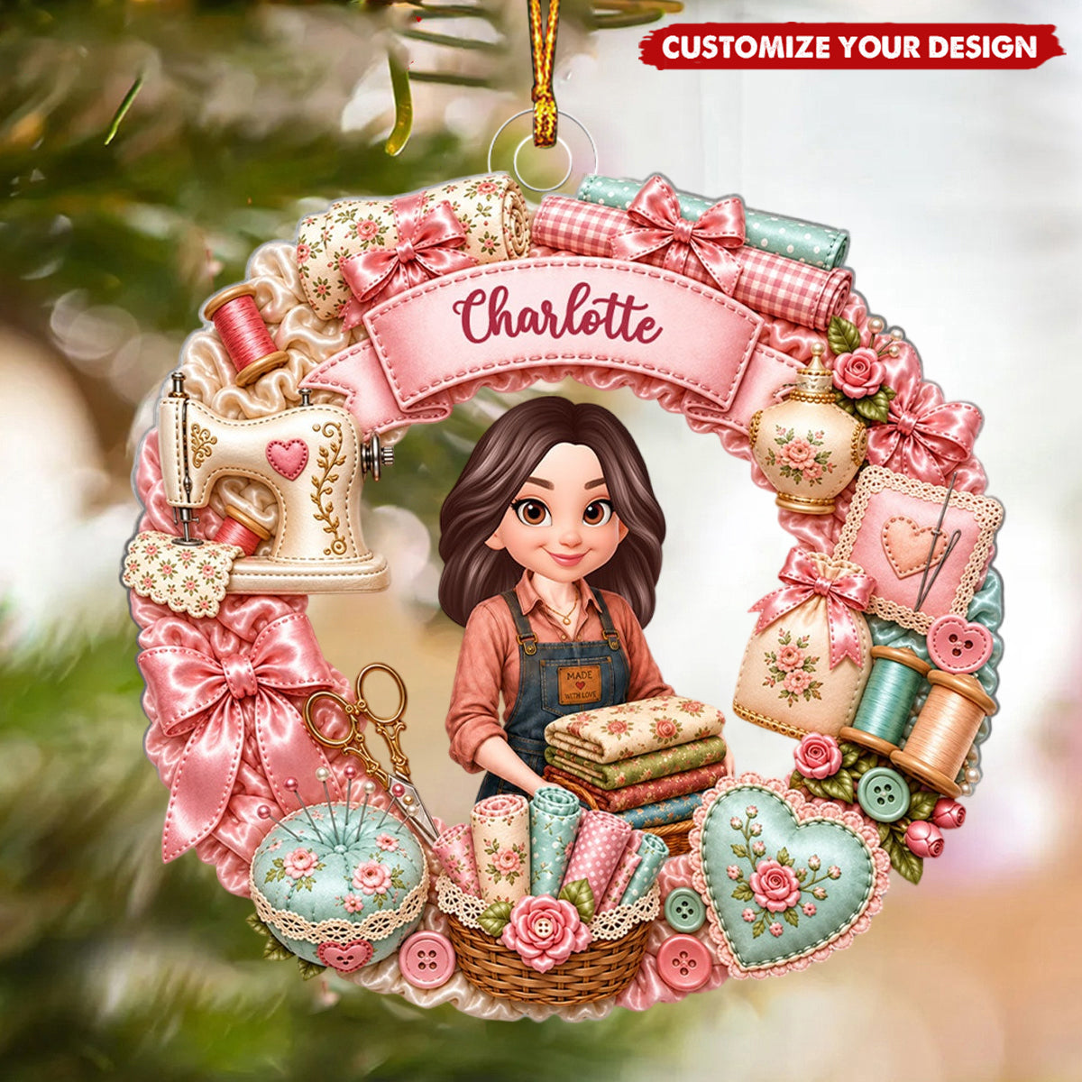Sewing Things Wreath - Personalized Acrylic Ornament