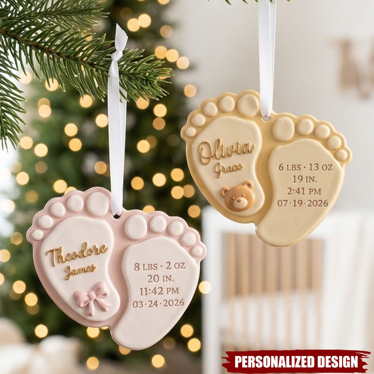 New Baby Ornament - Personalized Baby Footprint Birth Stats Ornament
