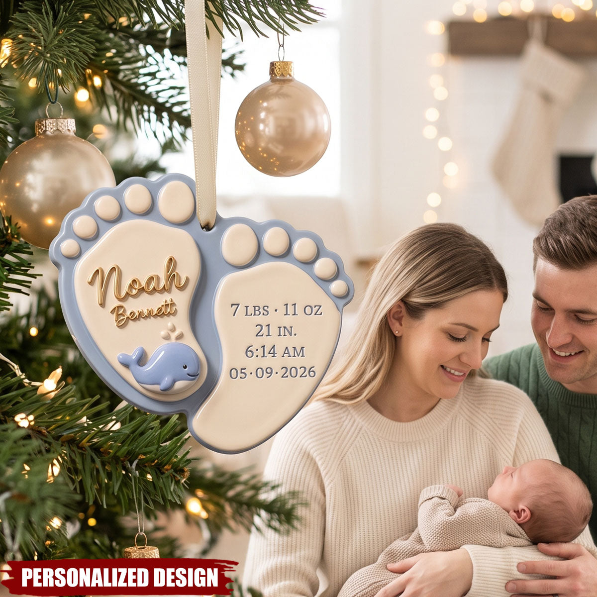 New Baby Ornament - Personalized Baby Footprint Birth Stats Ornament