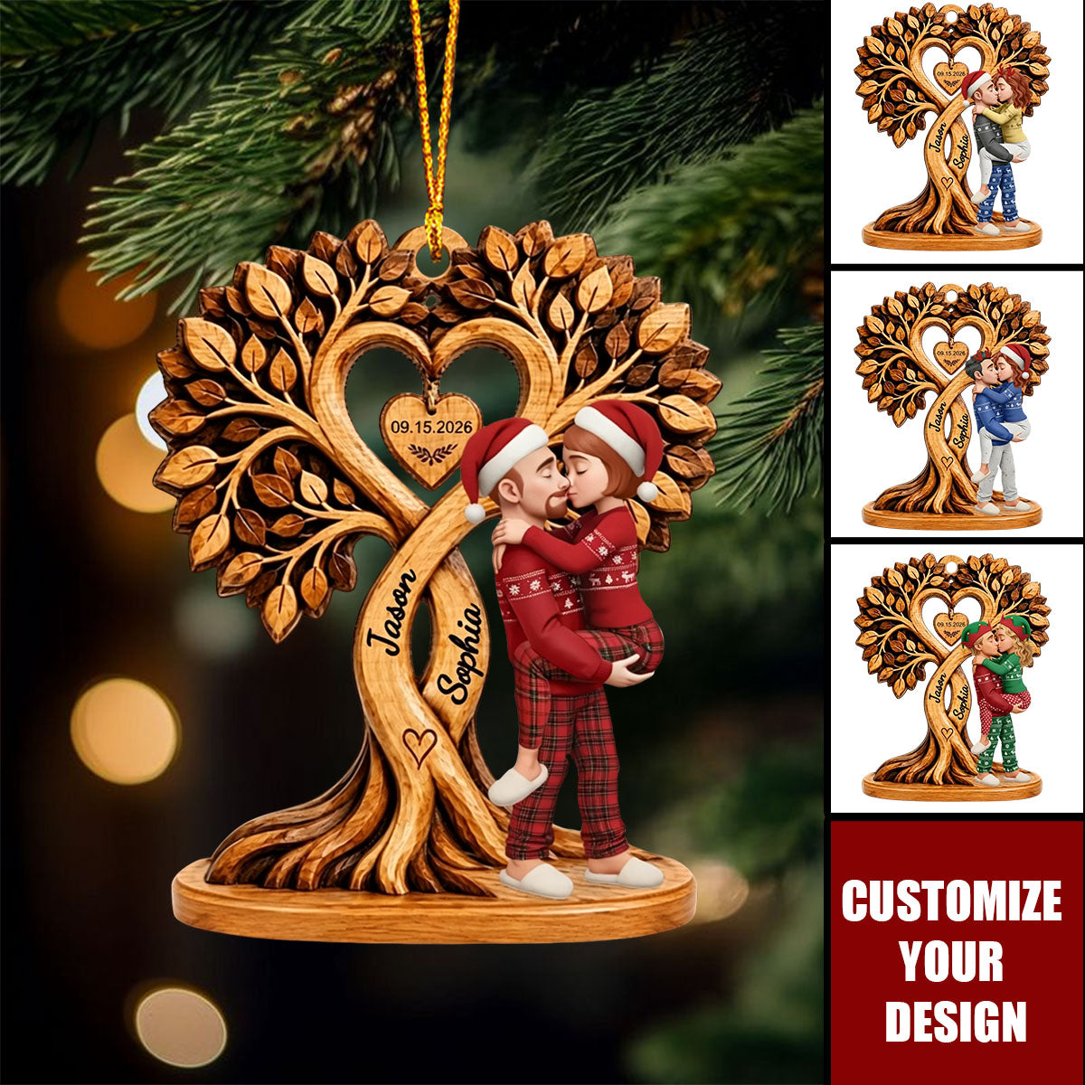 Custom Christmas Couple Kissing Couple Under Heart Tree - Personalized Wooden Ornament