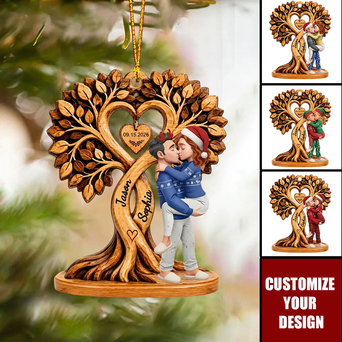 Custom Christmas Couple Kissing Couple Under Heart Tree - Personalized Wooden Ornament