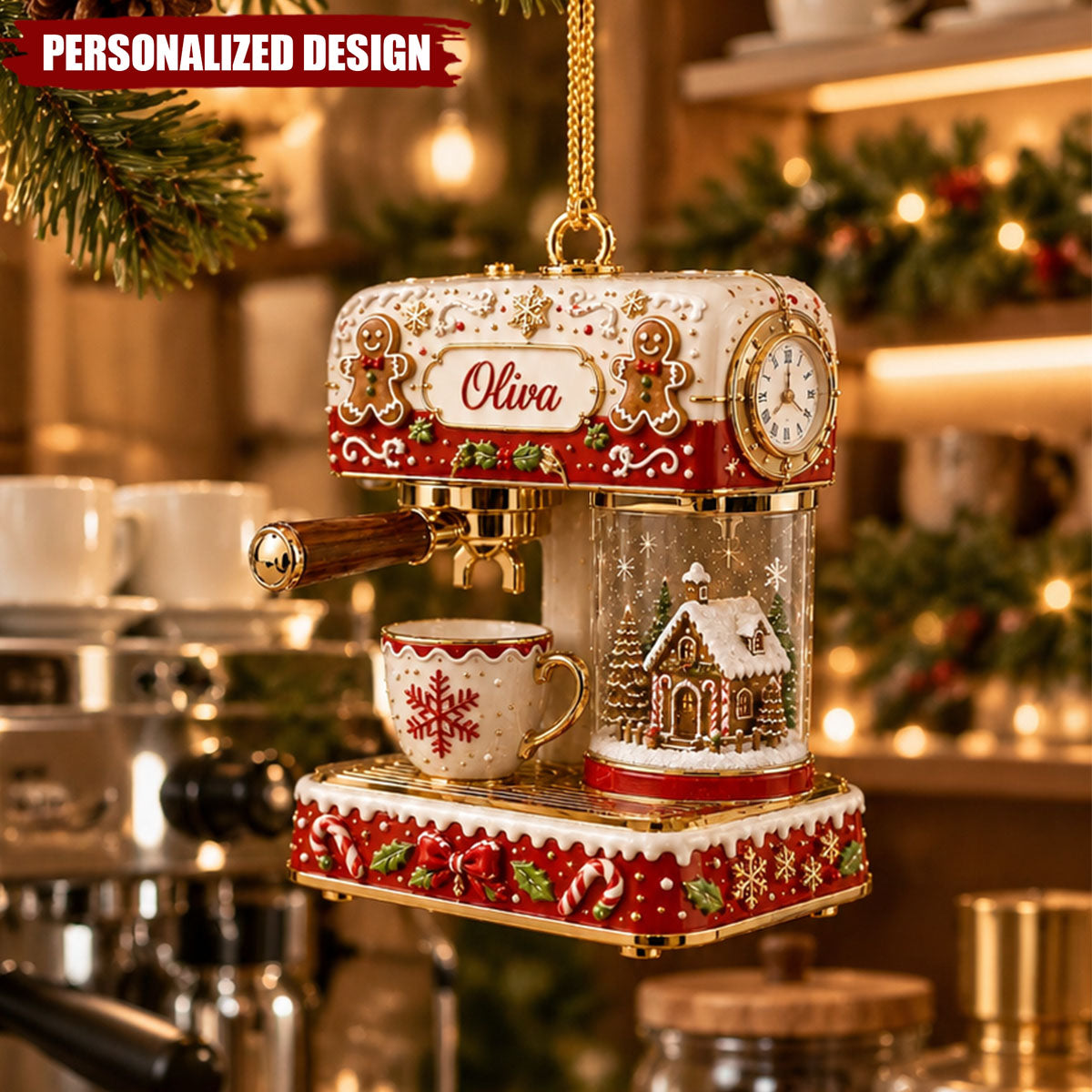 Personalized Espresso Machine Ornament, Custom Name Christmas Coffee Ornament