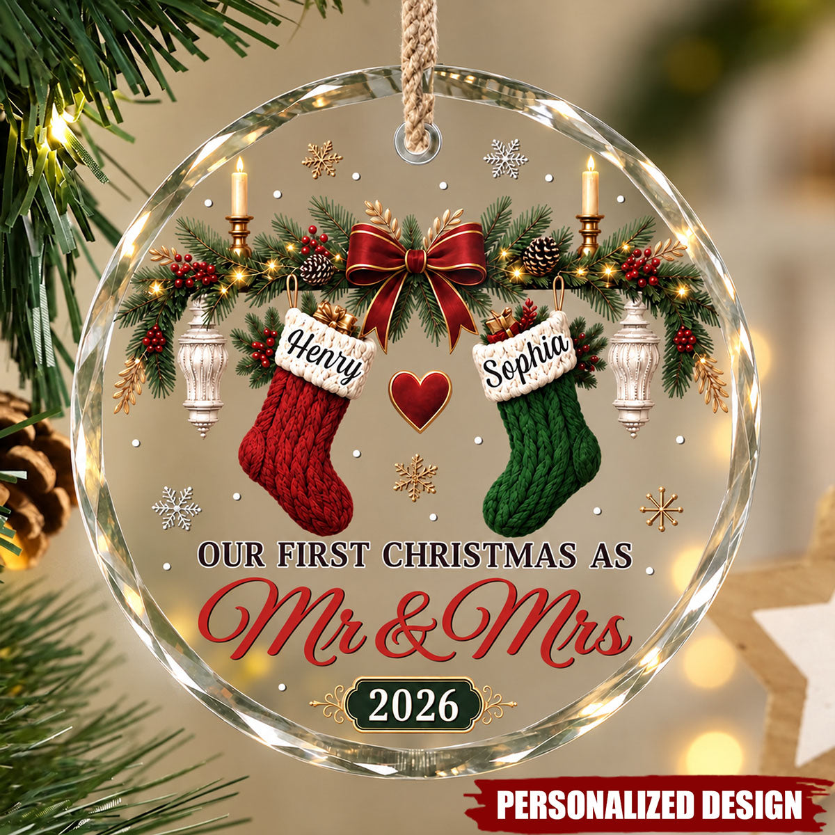 Personalized First Christmas Circle Glass Ornament - Custom Anniversary Gifts
