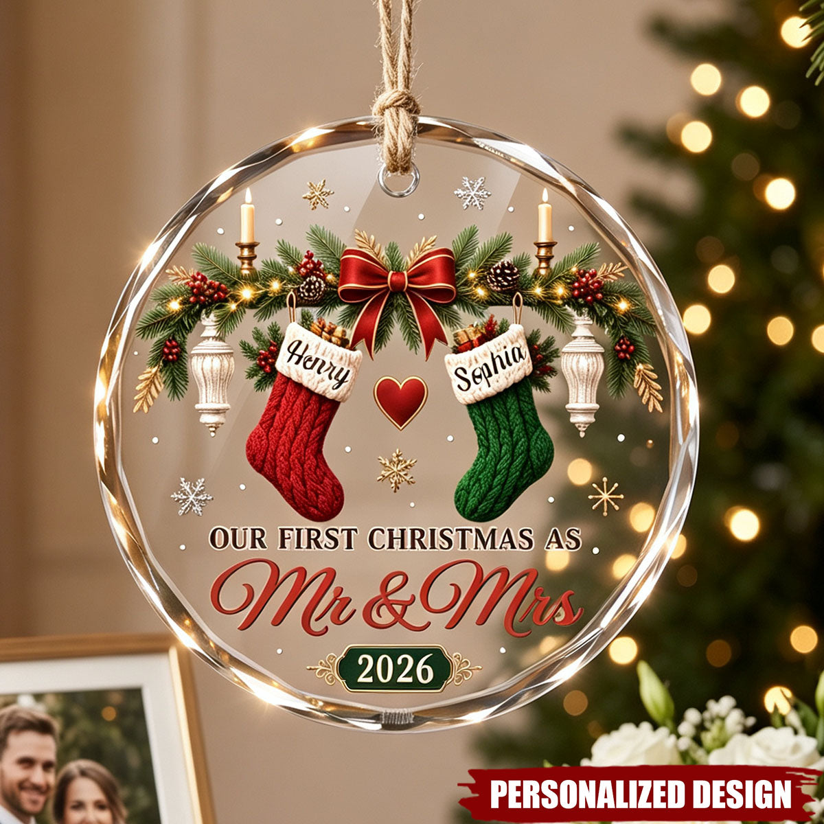 Personalized First Christmas Circle Glass Ornament - Custom Anniversary Gifts