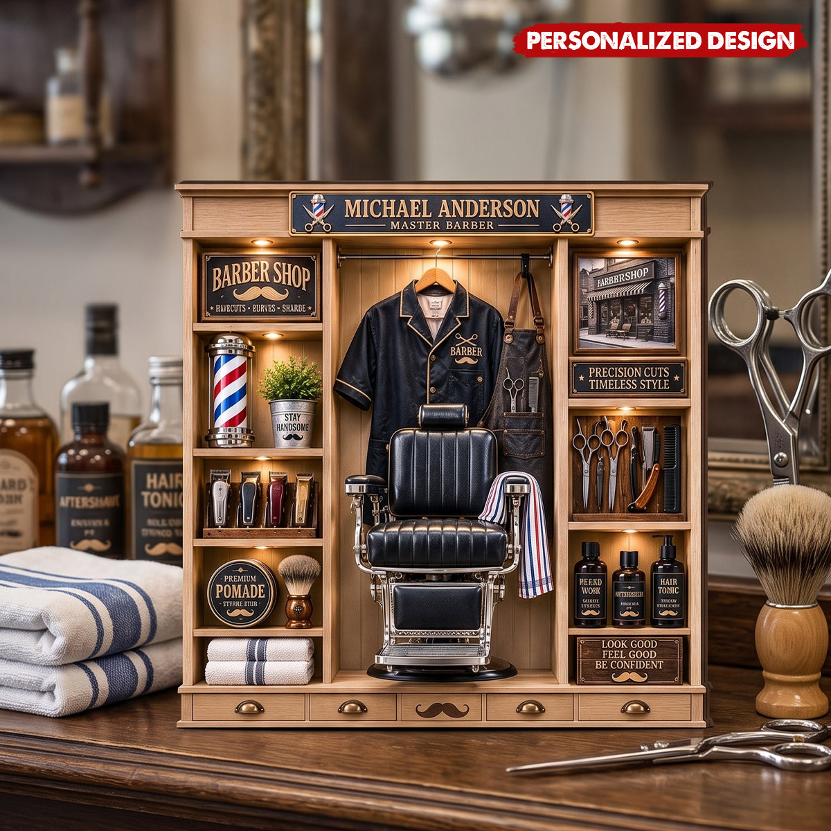 Personalized Barber Shop Wooden Block, Custom Barber Shadow Box