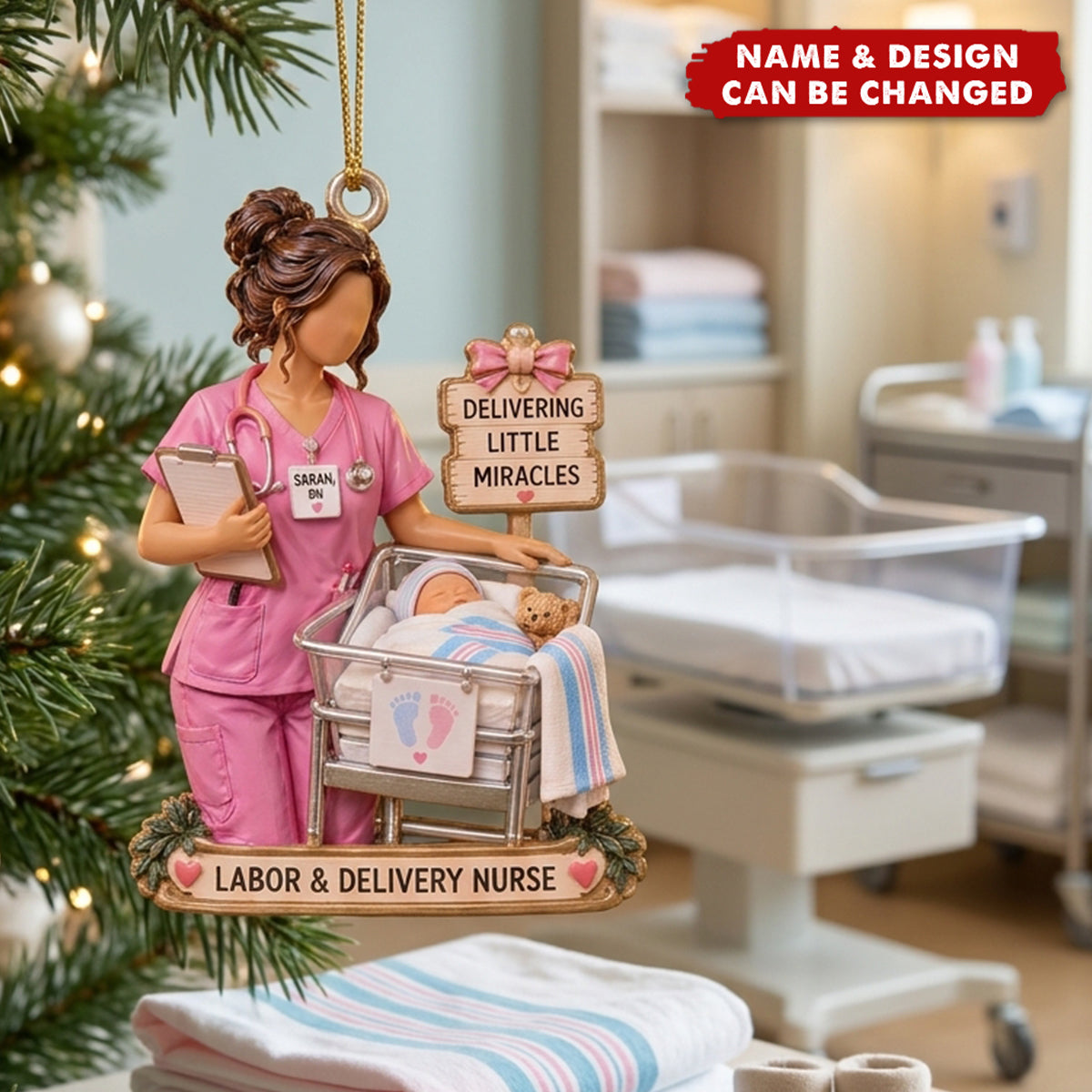 Personalized Labor And Delivery Nurse Christmas Ornament, Custom Name RN Keepsake