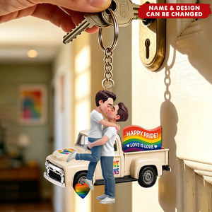 Love Is Love Couple Kissing By Truck - Personalized Acrylic Keychain