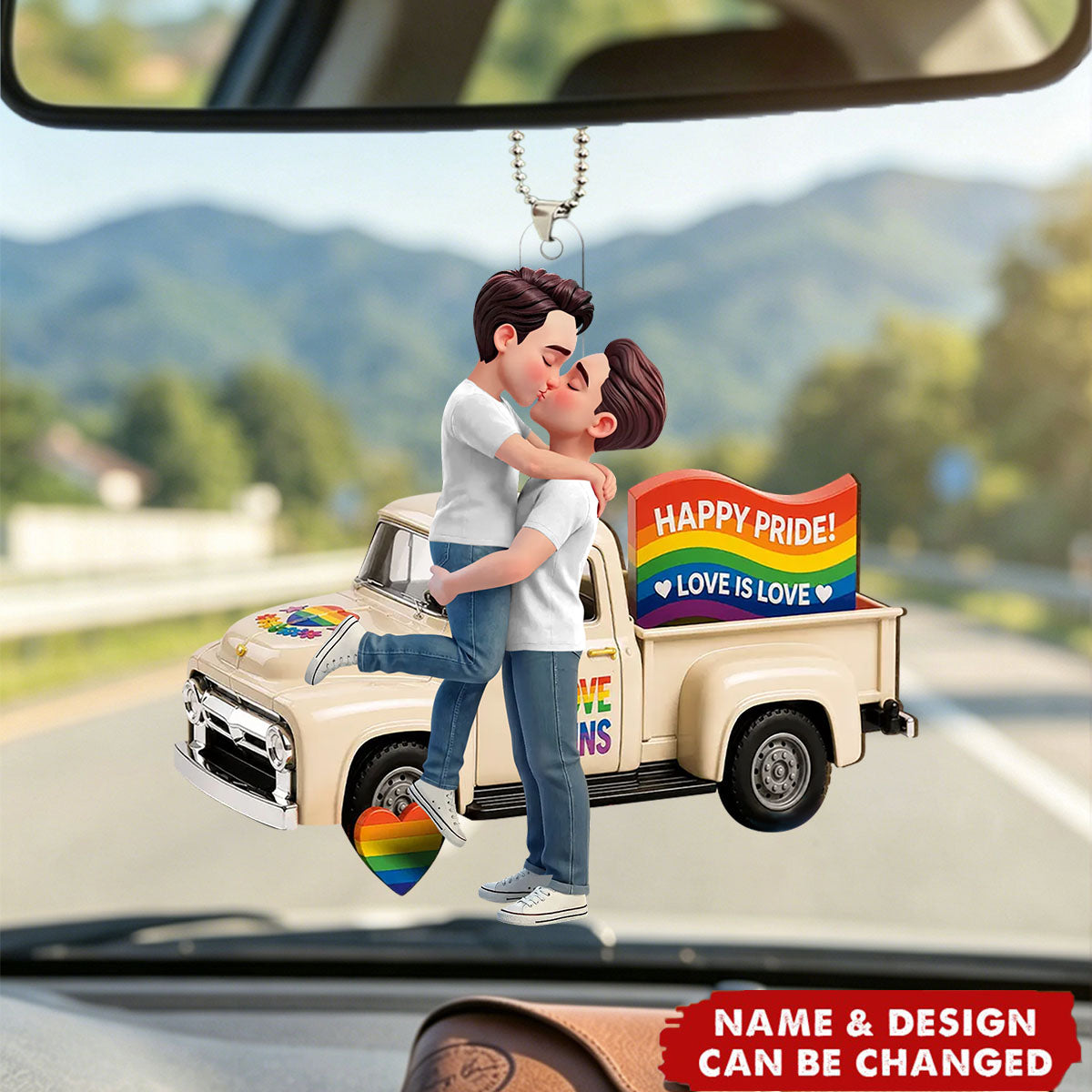 Love Is Love Couple Kissing By Truck - Personalized Car Ornament