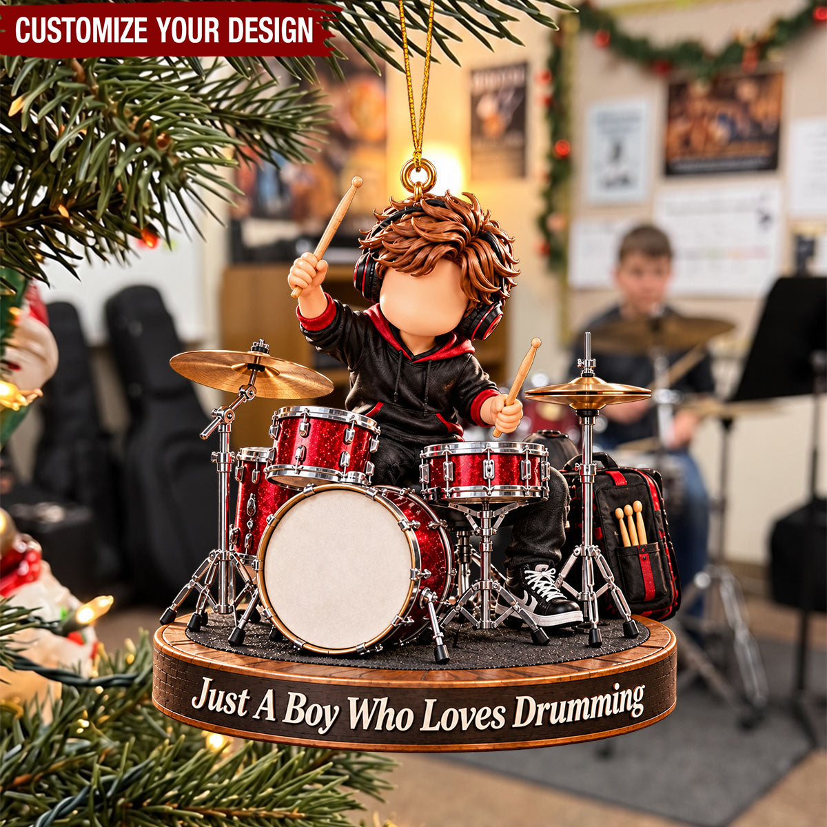Personalized Drumming Boy Ornament - Custom Name Gift For Drummer