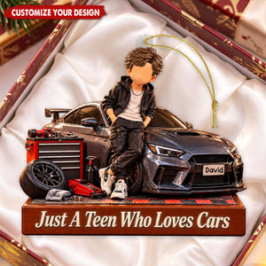 Personalized Car Lover Boy Block Ornament - Custom Teen Mechanic Gift