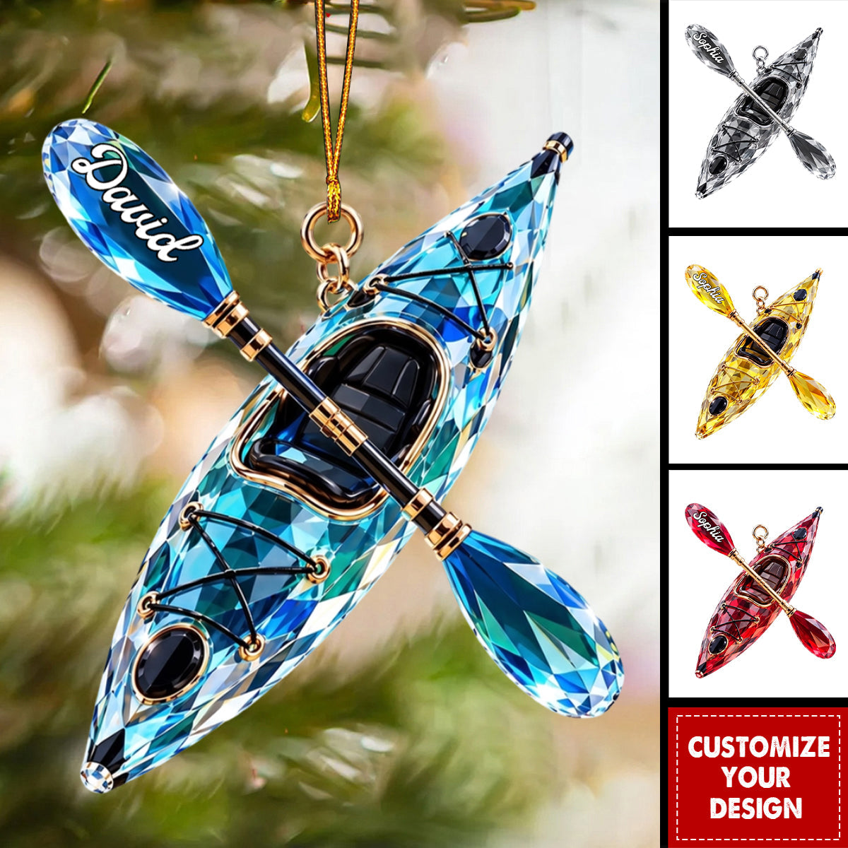 Personalized Crystal Kayak Hanging Decor - Custom Name Paddle Ornament
