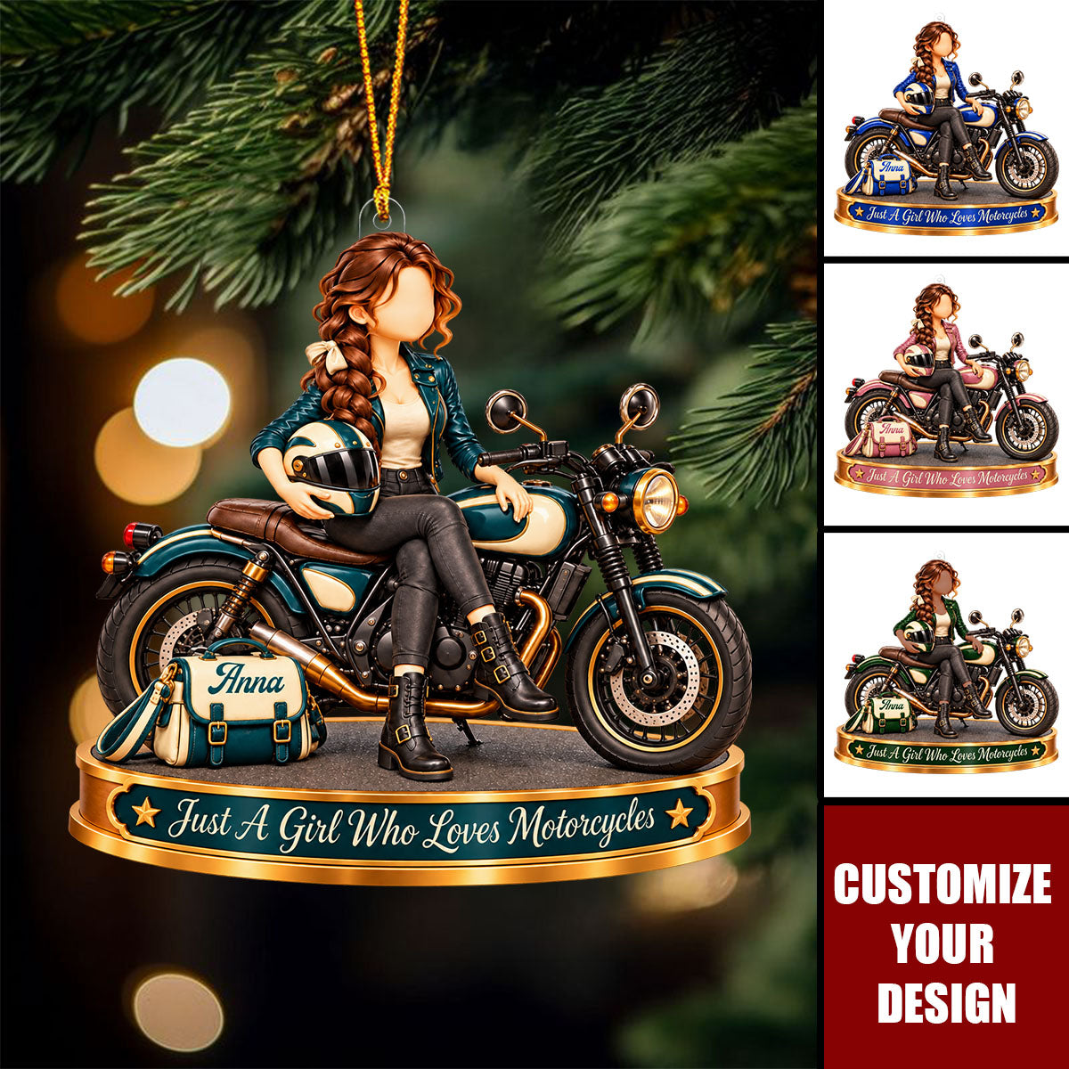 Personalized Motorcycle Girl Ornament - Custom Name Rider Gift
