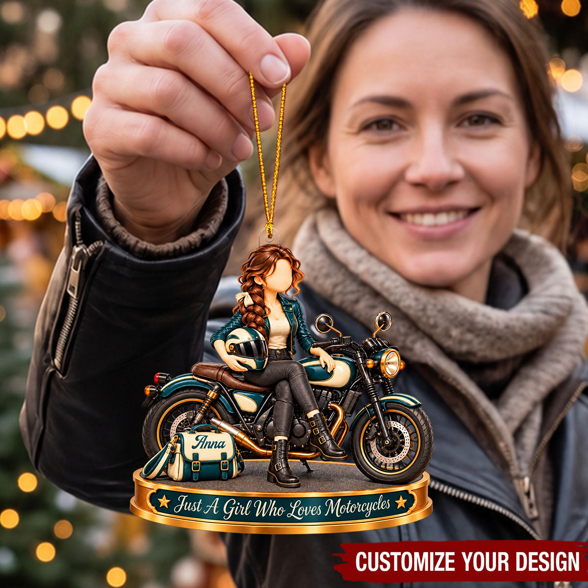 Personalized Motorcycle Girl Ornament - Custom Name Rider Gift