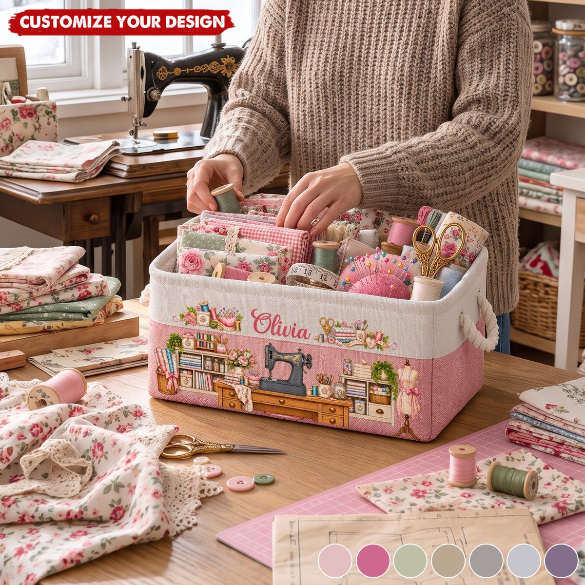 Personalized Storage Basket - Sewing Basket, Craft Basket Custom Sewing Machine & Birth Flower