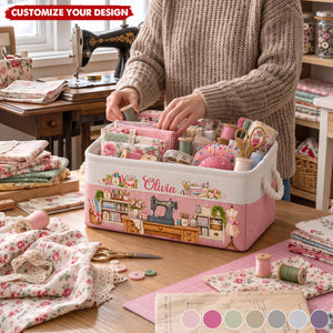 Personalized Storage Basket - Sewing Basket, Craft Basket Custom Sewing Machine & Birth Flower