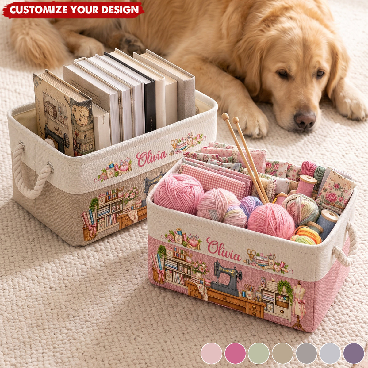 Personalized Storage Basket - Sewing Basket, Craft Basket Custom Sewing Machine & Birth Flower