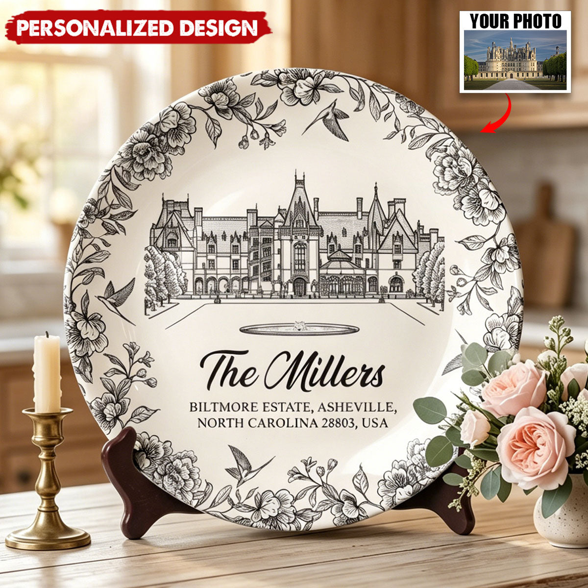 Custom Wedding Venue Photo, Toile Illustrated Venue Decor - Wedding Gifts For Couples - Personalized Ceramic Plate