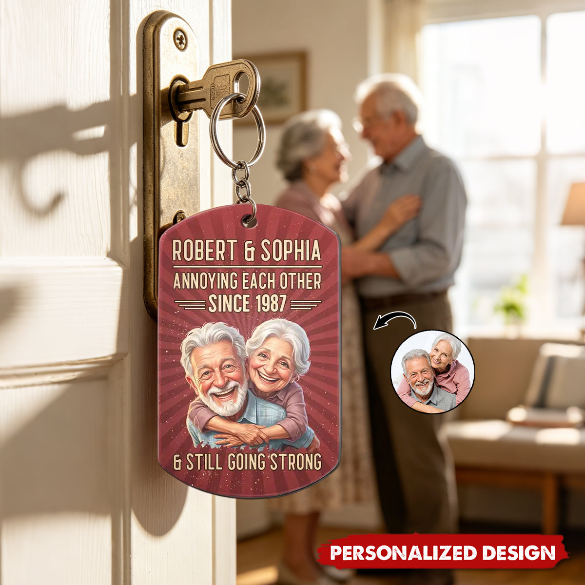 Custom Photo Caricature Vintage Annoying Each Other - Personalized Aluminum Keychain