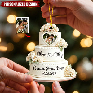 Personalized Wedding Cake Ornament, First Christmas Married Ornament, Couple Photo Ornament