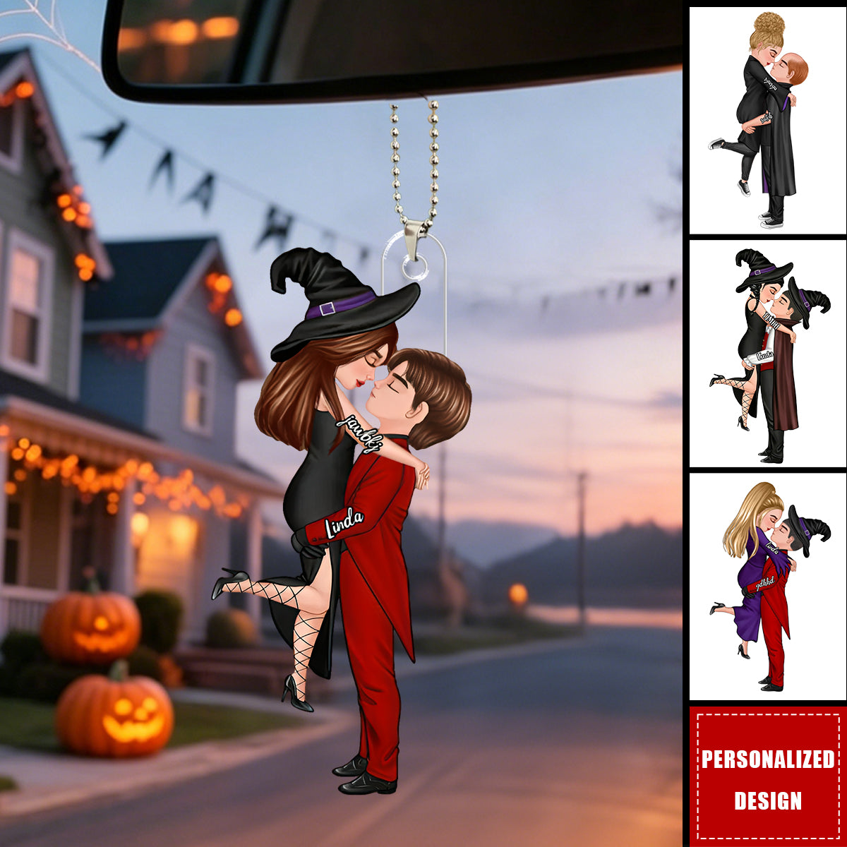 Halloween-Themed Personalized Car Ornament Featuring Couples Kissing - Perfect Gift For Your Loved One
