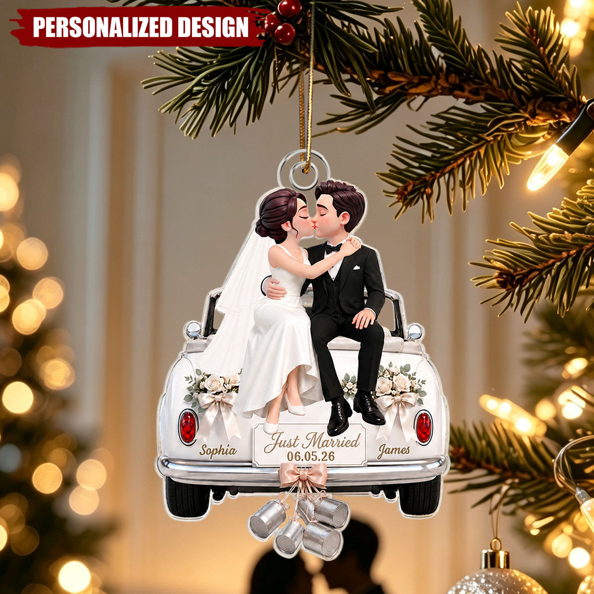 Groom Bride Sitting On Wedding Car - Personalized Acrylic Ornament - Wedding Keepsake