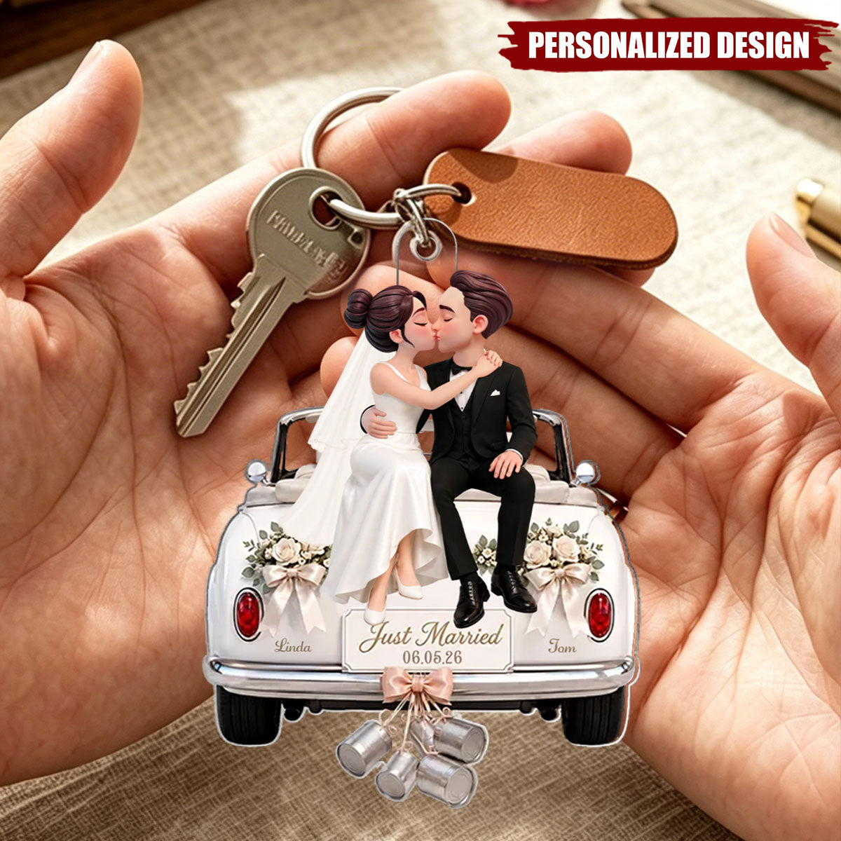 Groom Bride Sitting On Wedding Car- Personalized Acrylic Keychain - Wedding Keepsake