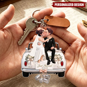 Groom Bride Sitting On Wedding Car- Personalized Acrylic Keychain - Wedding Keepsake