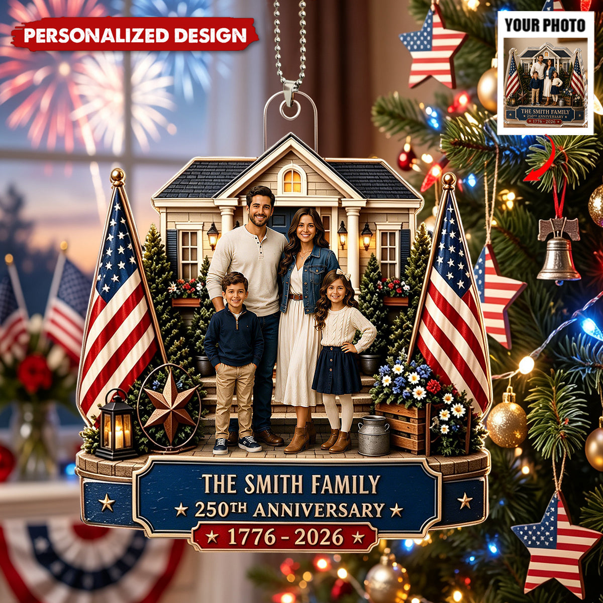 Personalized 250th Anniversary America Acrylic Ornament From The USA - Custom Family Photo Patriotic Gift