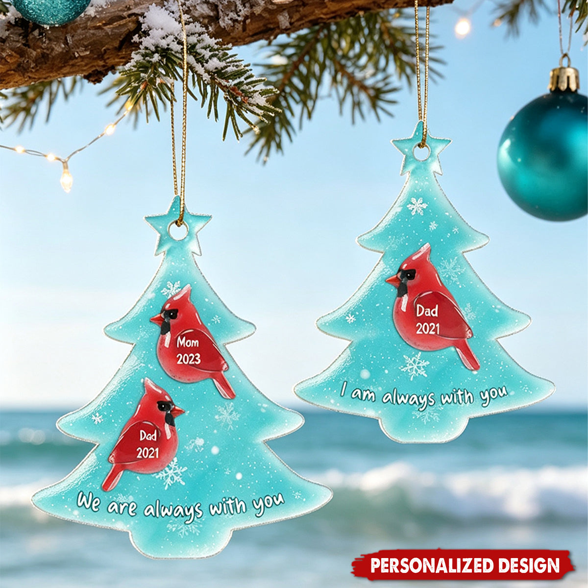 Sea Glass Effect Christmas Cardinals Memorial - Personalized Acrylic Ornament