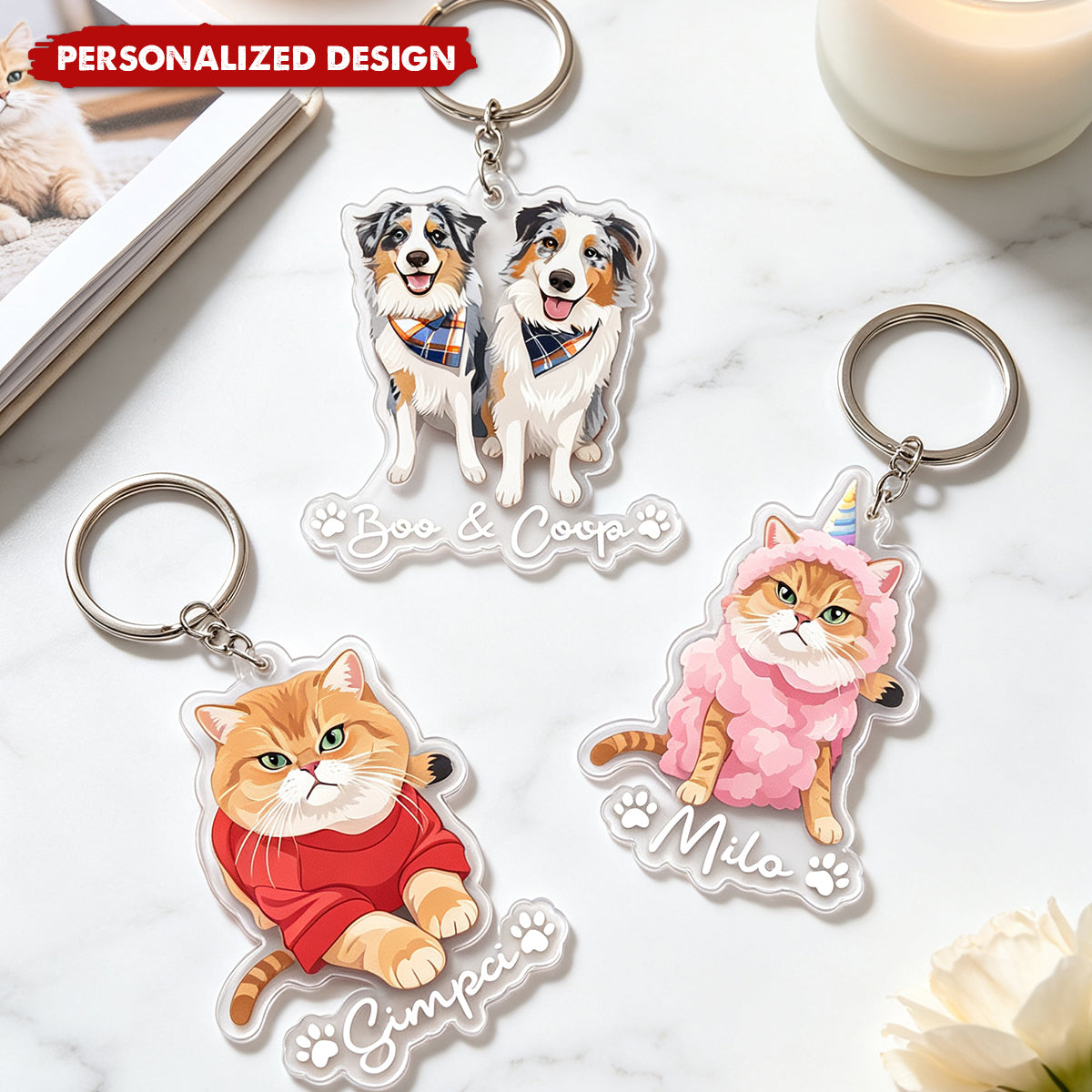 Custom Pet Portrait - Turn Photo Into Art, Gifts For Dog Lovers, Cat Lovers - Personalized Keychain
