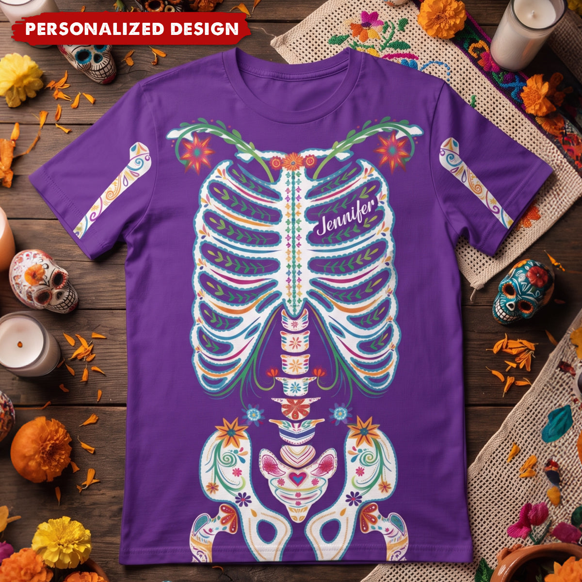 Day Of The Dead Sugar Skeleton Hispanic Mexican Latinos Flowers - Personalized Shirt