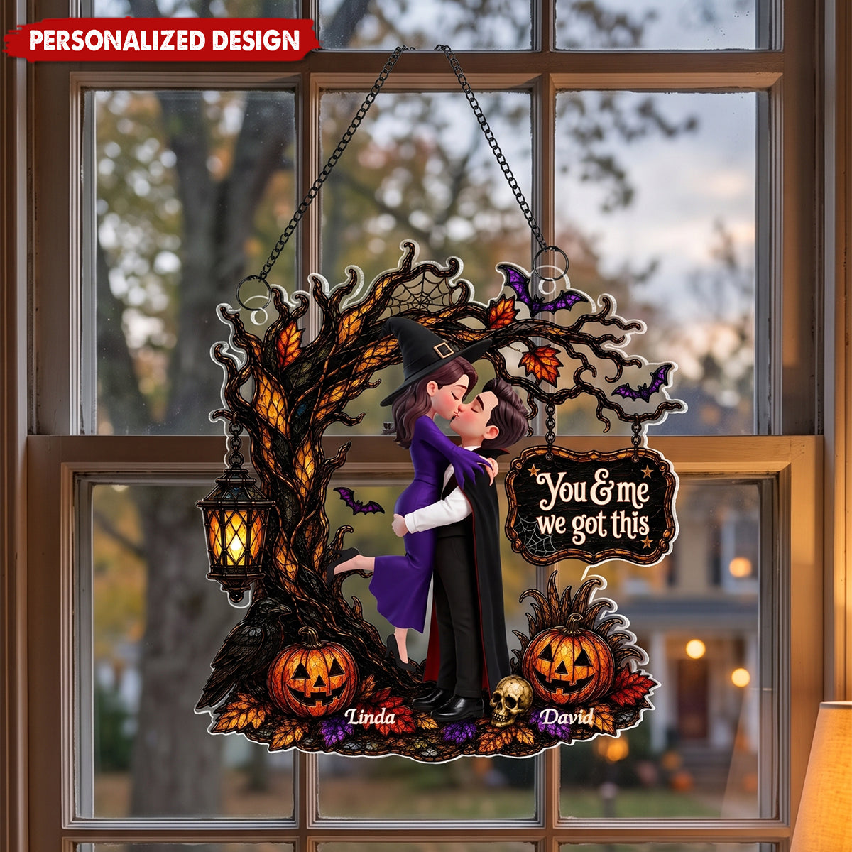 Couple Embracing Under a Spooky Halloween Tree – Personalized Acrylic Window Hanging