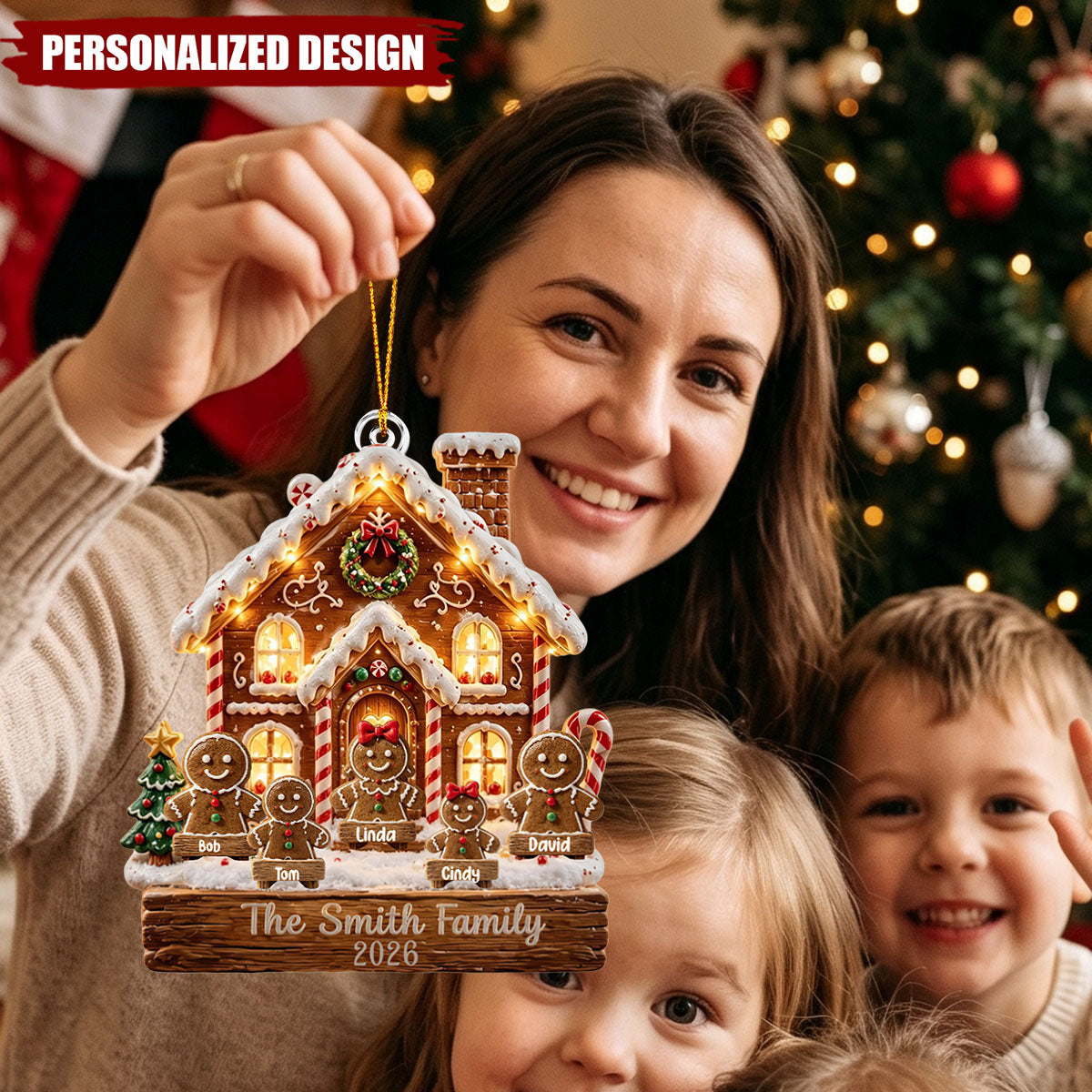 Custom Gingerbread Family Hanging Ornament, Personalized Acrylic Gingerbread House Ornament, 2026 Christmas Keepsake
