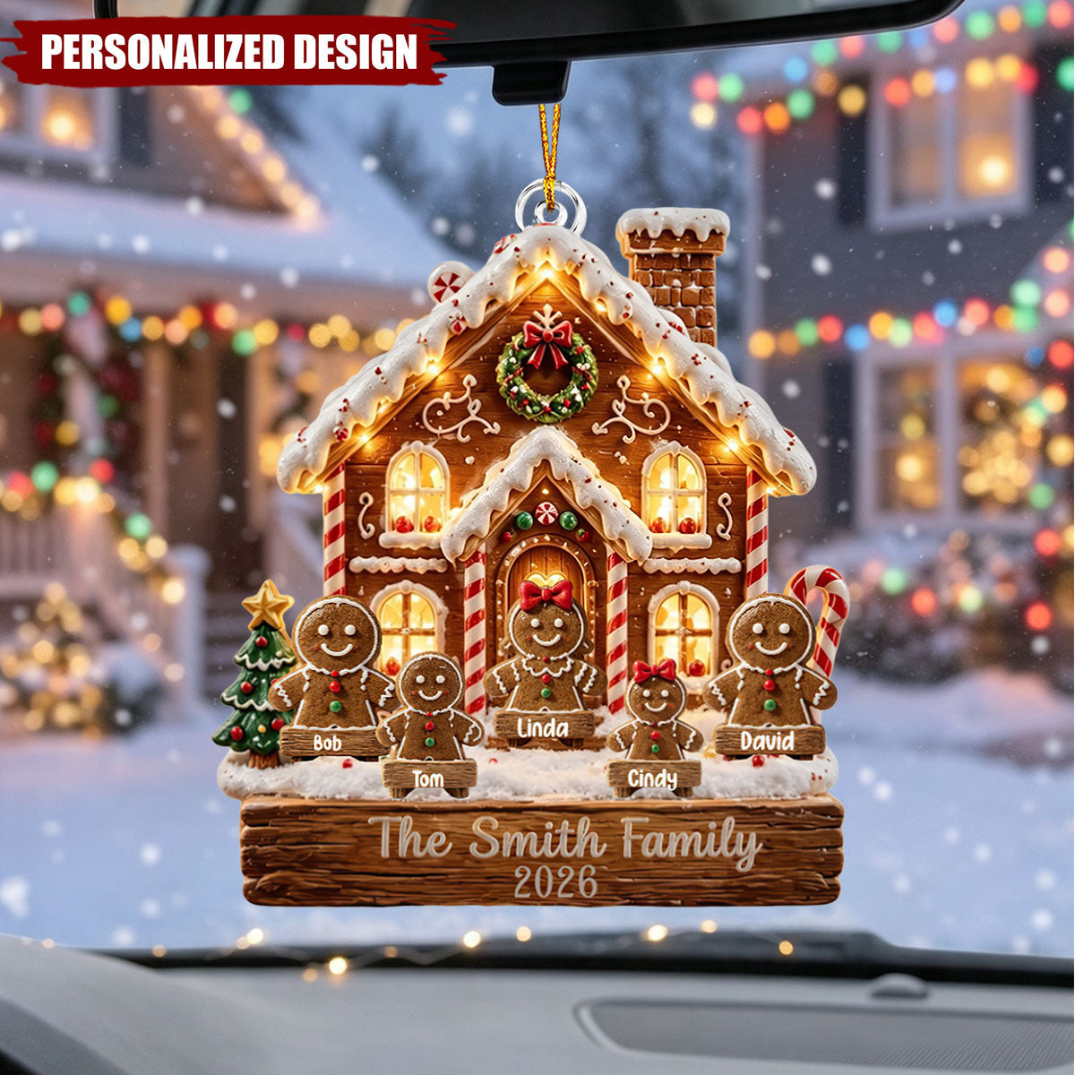Custom Gingerbread Family Hanging Ornament, Personalized Acrylic Gingerbread House Ornament, 2026 Christmas Keepsake