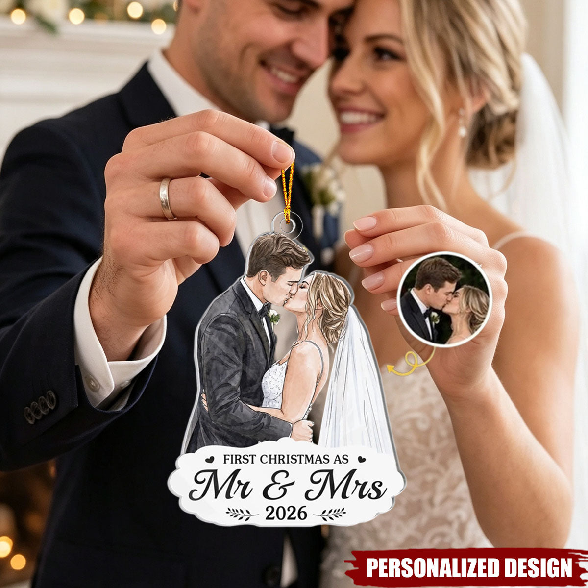 Custom Photo First Christmas Acrylic Ornament - Personalized Anniversary Christmas Wedding Gifts For Husband And Wife, Him And Her - Under The Mistletoe