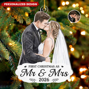 Custom Photo First Christmas Acrylic Ornament - Personalized Anniversary Christmas Wedding Gifts For Husband And Wife, Him And Her - Under The Mistletoe