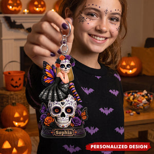 Sugar Skull Girl - Personalized Keychain - Halloween Decoration