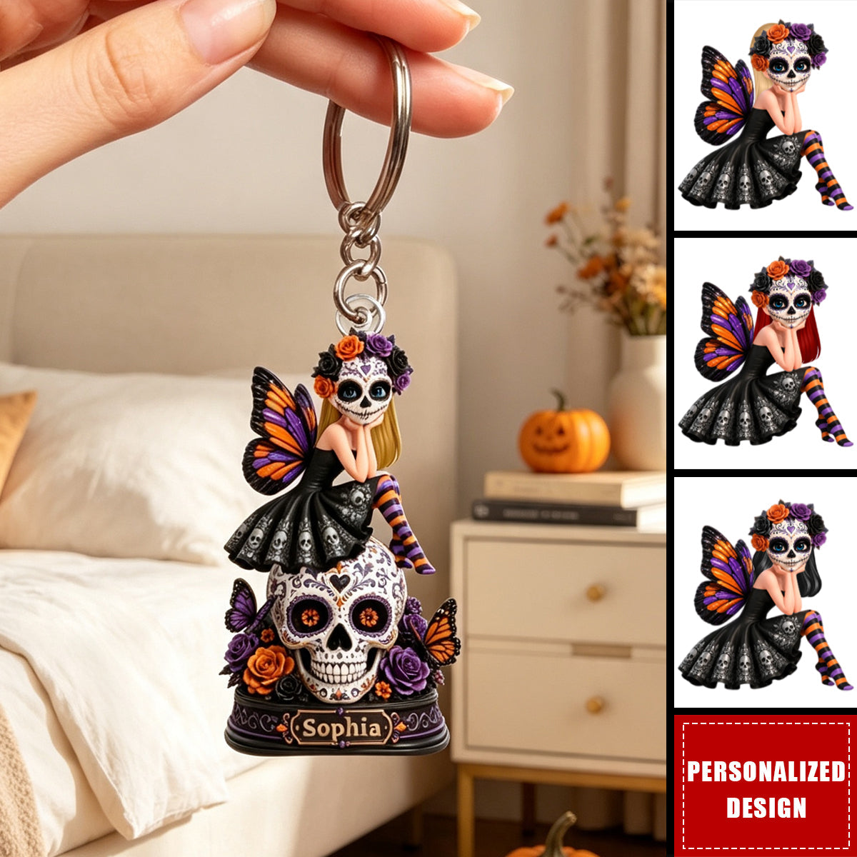 Sugar Skull Girl - Personalized Keychain - Halloween Decoration