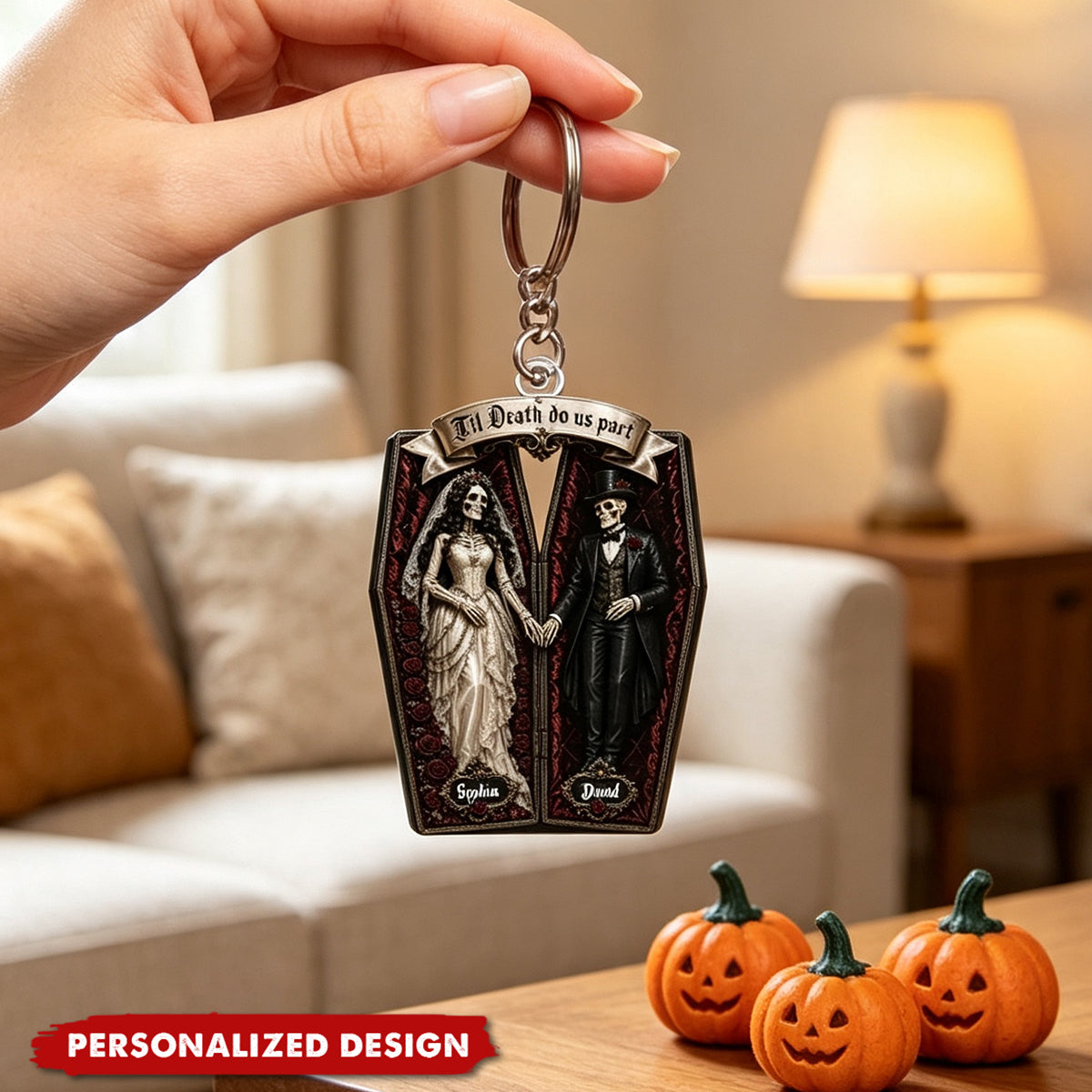 Skeleton Couple In Coffin - Personalized Keychain - Halloween Decoration