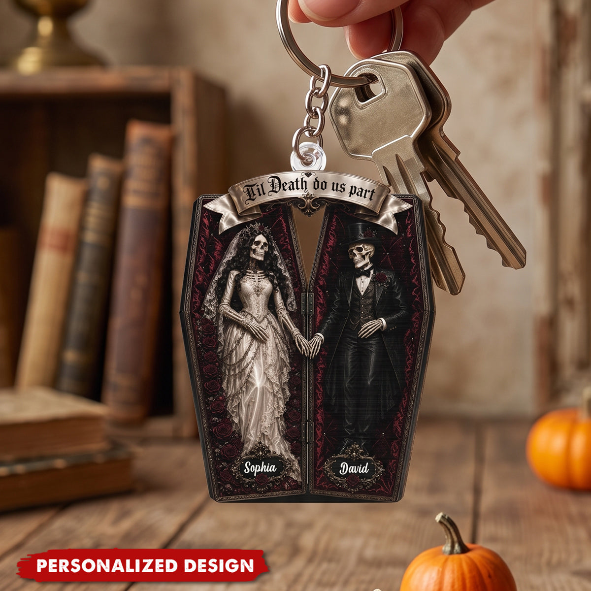 Skeleton Couple In Coffin - Personalized Keychain - Halloween Decoration